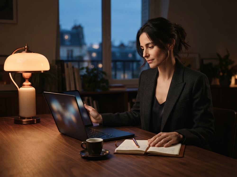 Une personne travaille calmement à un bureau avec un ordinateur portable et un carnet, dans une lumière ambrée