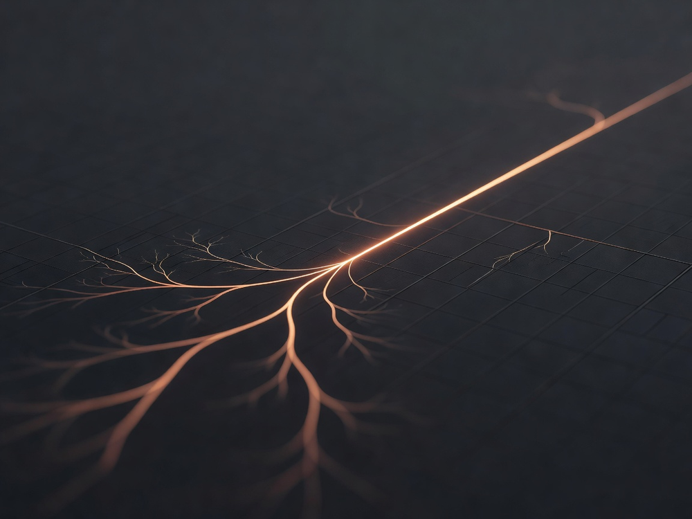 Des lignes lumineuses ambrées tracent un chemin abstrait sur une grille sombre