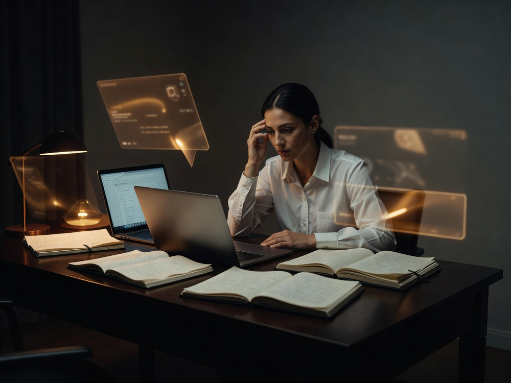 Une personne travaille tard à un bureau, entourée d’écrans et d’interfaces lumineuses