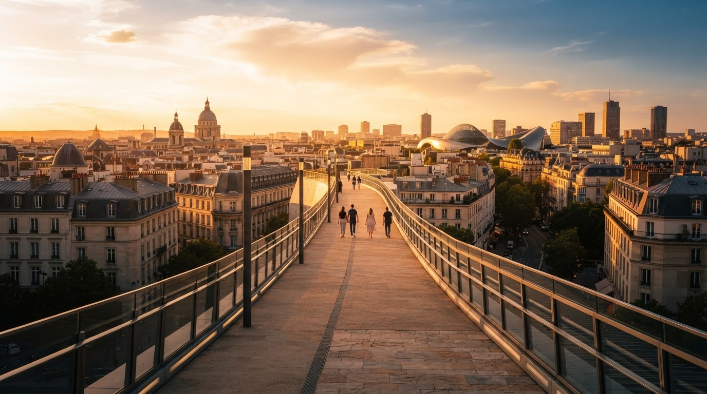 Une passerelle surélevée baignée de lumière dorée s’étend au-dessus d’une ville illuminée et de son skyline