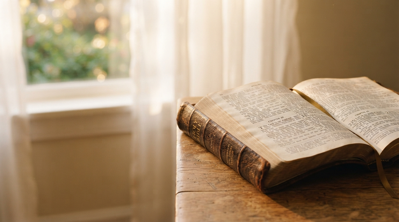 An open King James Bible resting in soft morning light by a window