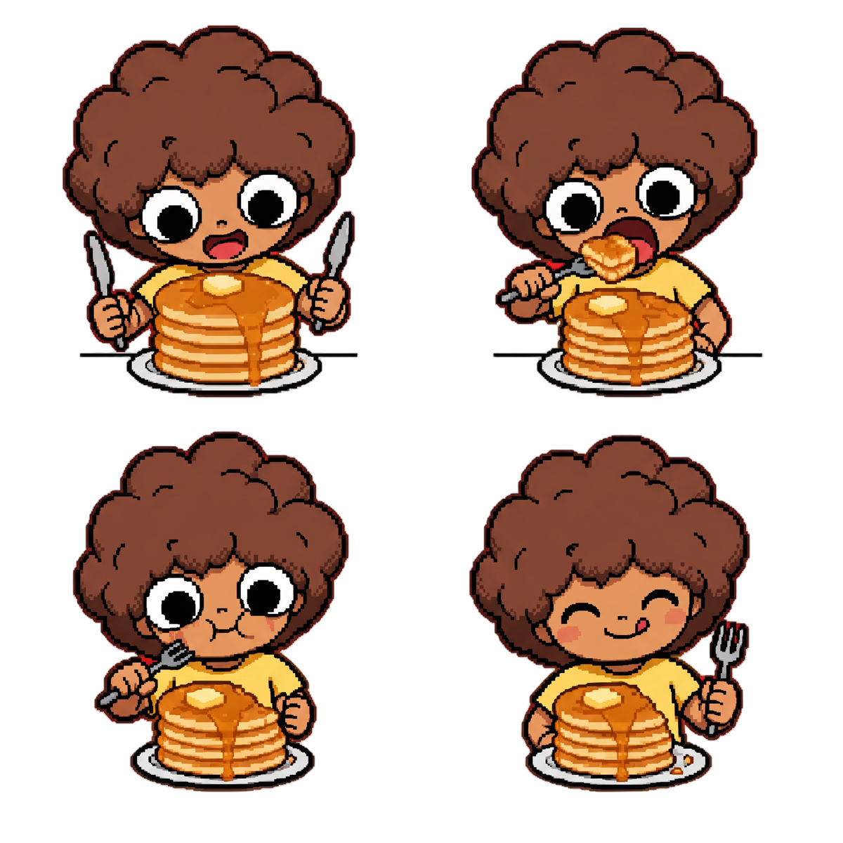 Cartoony character eating pancakes: excited, lift fork, chew, happy smile