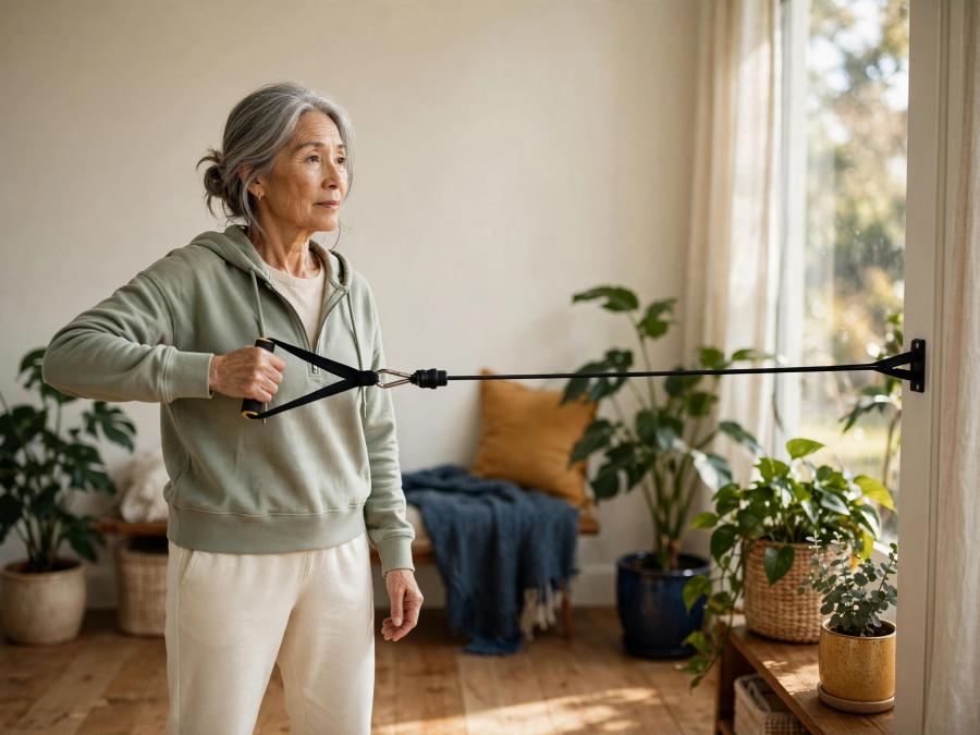 Older woman using a resistance band in a sunlit room