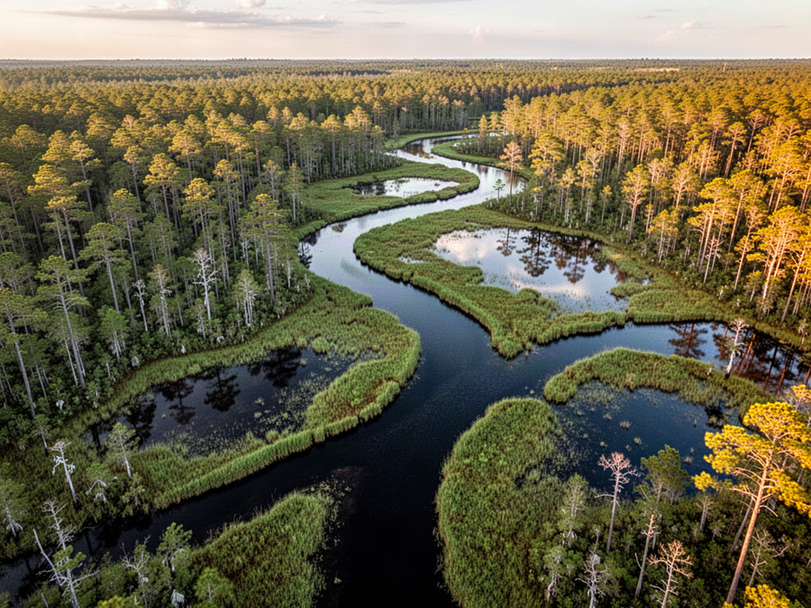 Winding blackwater creek through dense pocosin marshland