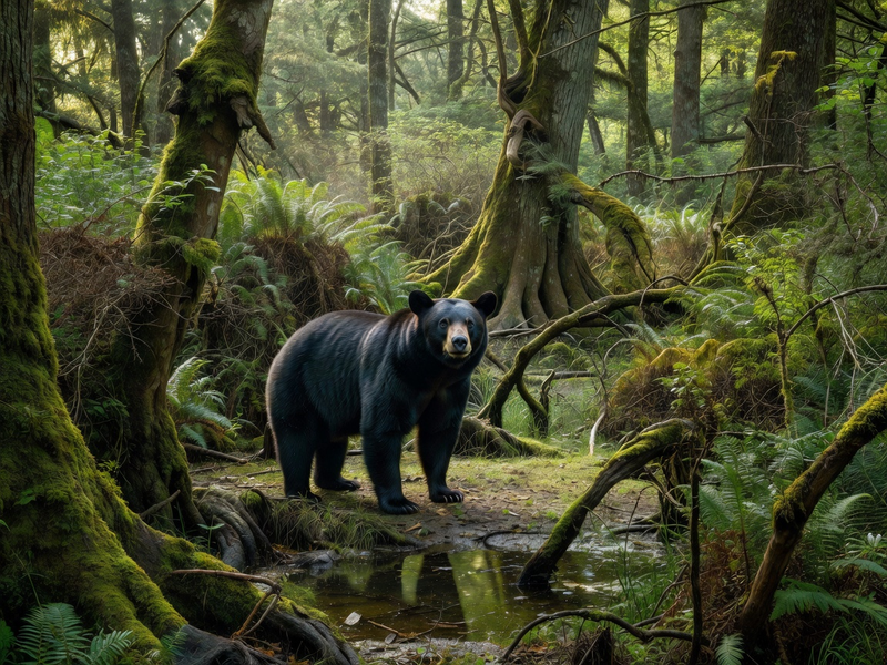 Black bear in dense wetland forest undergrowth