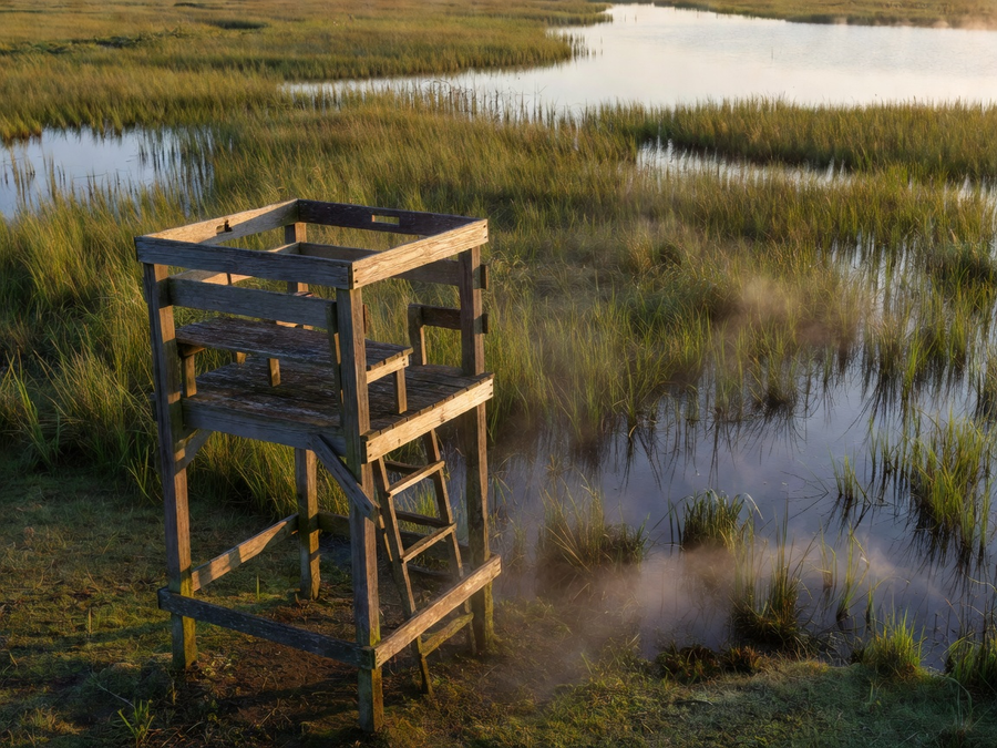 Elevated wooden hunting stand overlooking marsh edge at sunrise