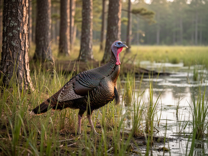 Wild turkey in tall grass near woodland edge