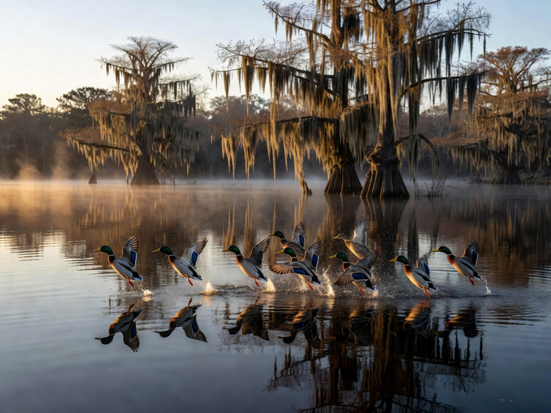 Mallard ducks lifting off dark marsh water at dawn