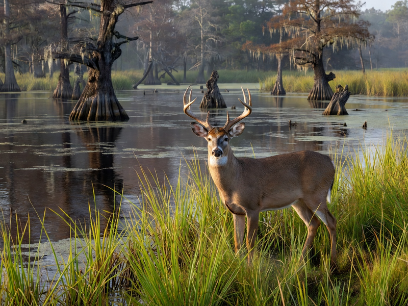 White-tailed buck standing in marsh grass near wetland edge