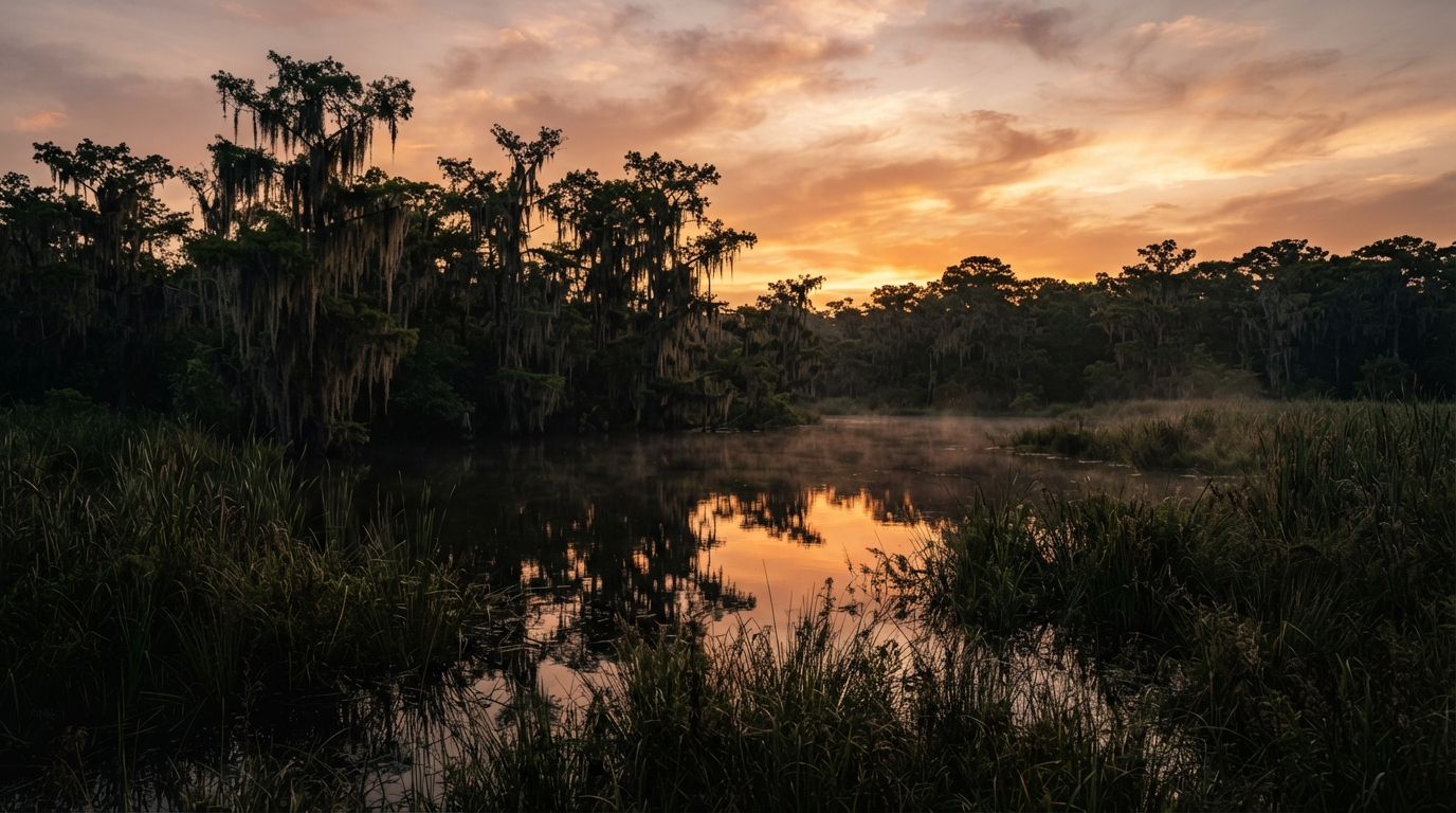 Sunset over pocosin marshland with cypress trees and still blackwater