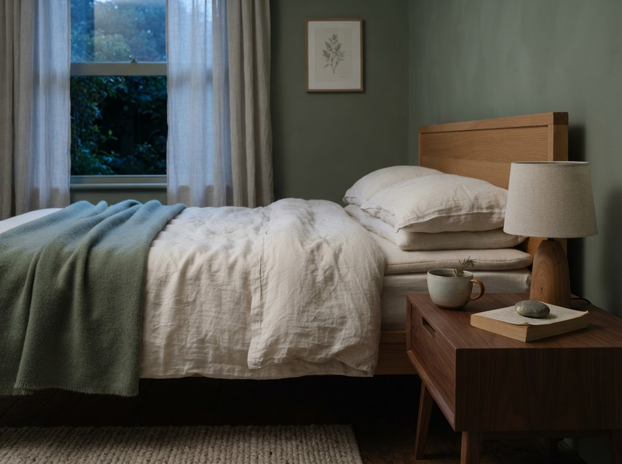 Quiet bedroom with ivory linen and moonlit curtains suggesting rest and a nighttime routine