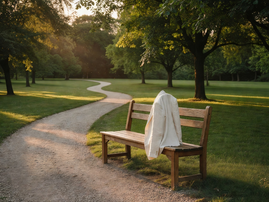 Peaceful park path in morning light representing mature men's daily wellness