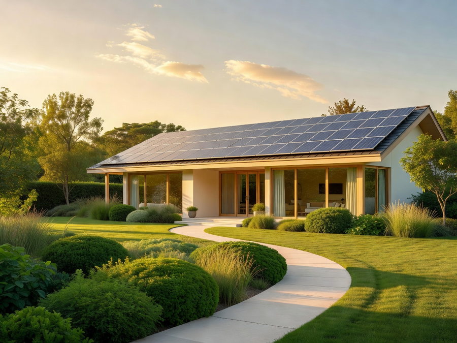 Modern home with solar panels at golden hour suggesting energy independence