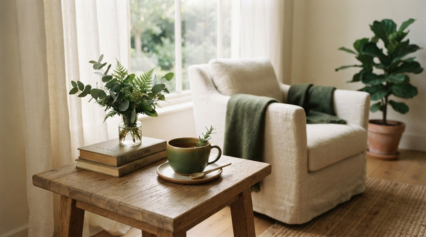 Calm morning wellness space with soft light, greenery, and linen textures