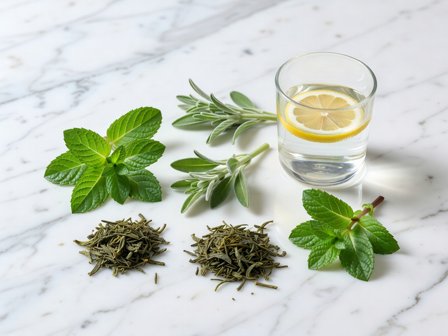 Fresh mint leaves and lemon water on marble suggesting clean oral care