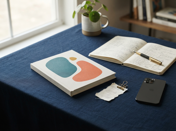 A closed creator playbook with an abstract teal and coral cover mark on a navy desk beside an open notebook, pen, and phone