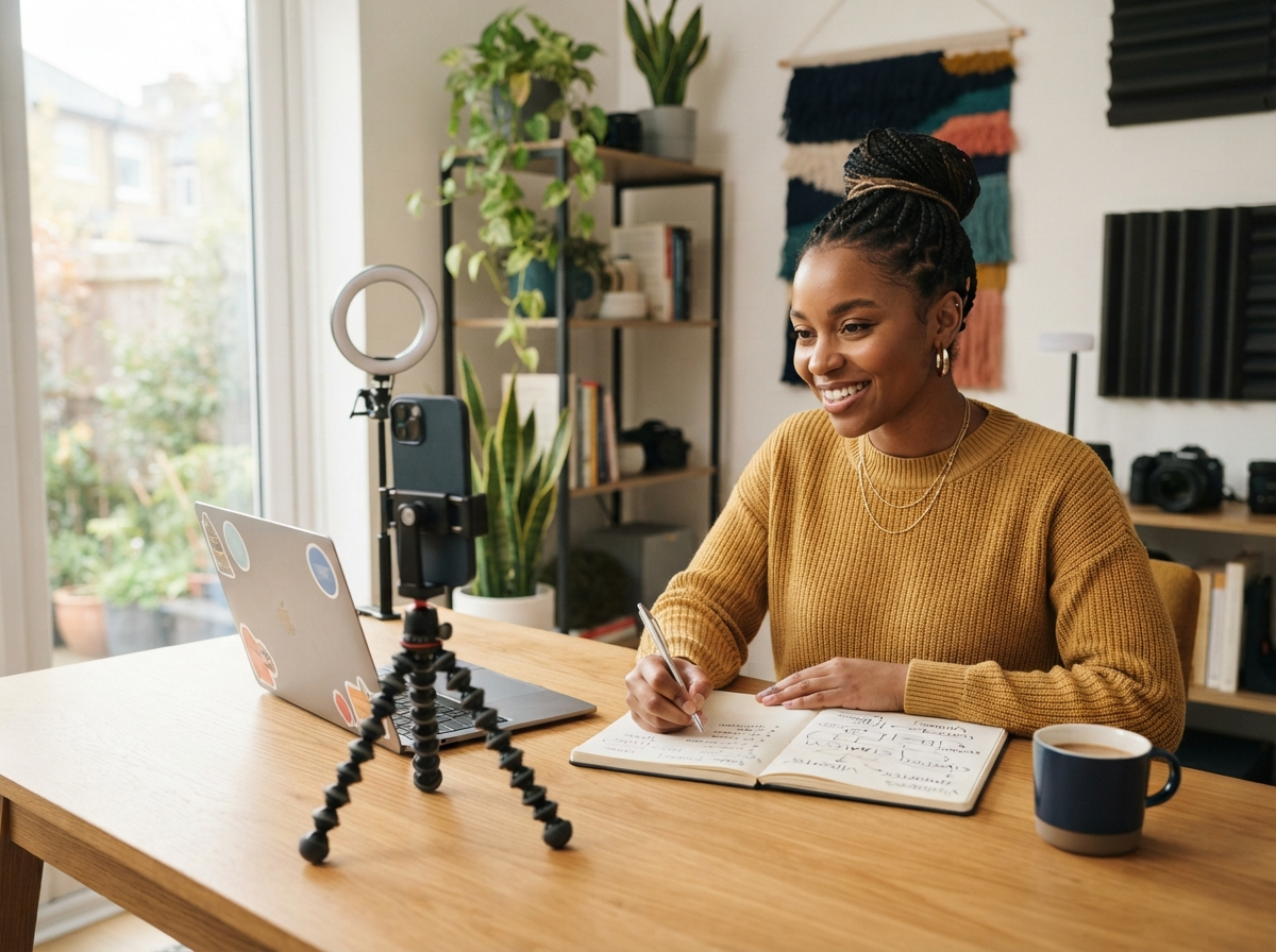 Creator planning content for Instagram, TikTok, and YouTube at a desk with a phone on a tripod, laptop, notebook, and ring light