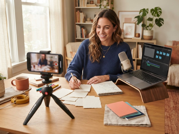 A creator planning social content with a smartphone on a small tripod, content cards, and a natural-light workspace