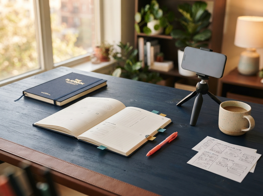 A natural-light creator workspace with two physical workbooks, a phone on a small tripod, content-planning sketches, and a coffee mug