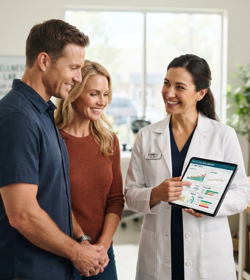 Healthy couple discussing comprehensive health and blood analysis with lab technician