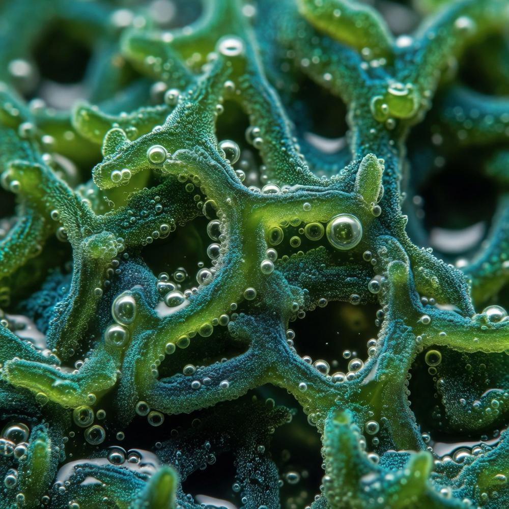 Spirulina and chlorella algae nutrition tablets — emerald and blue-green nutrient dense superfood close-up