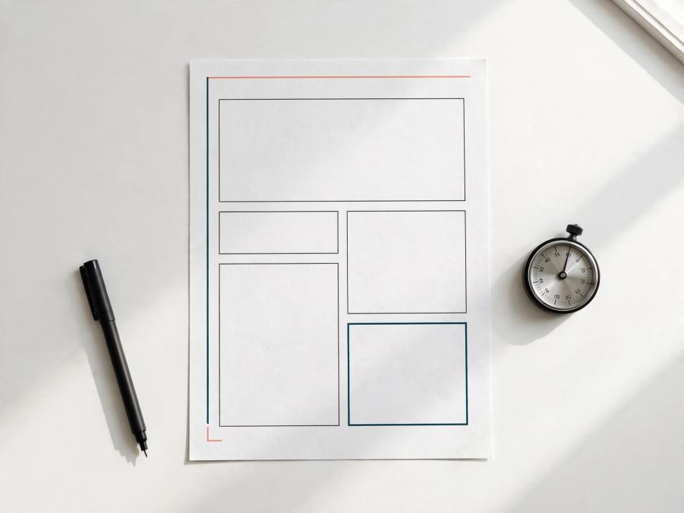 A blank printable worksheet, a black pen, and a small timer on a white desk.