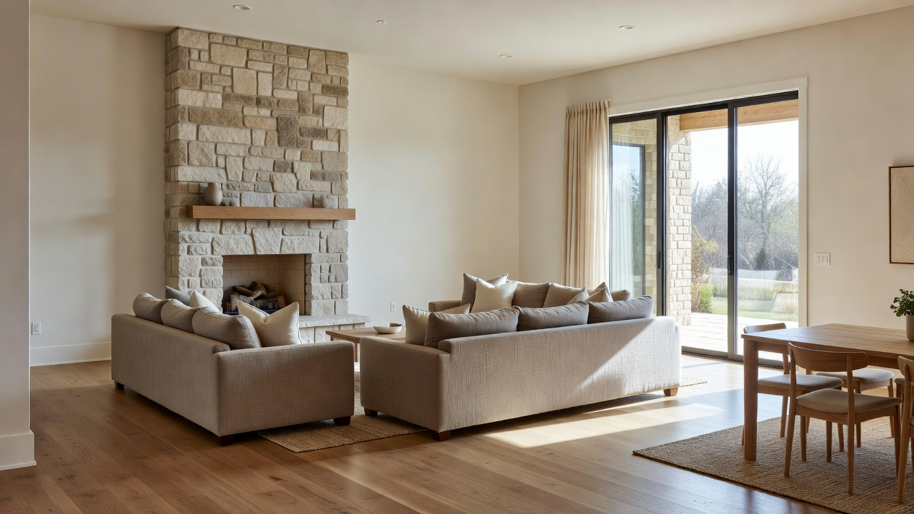 Open living space with warm finishes and natural light