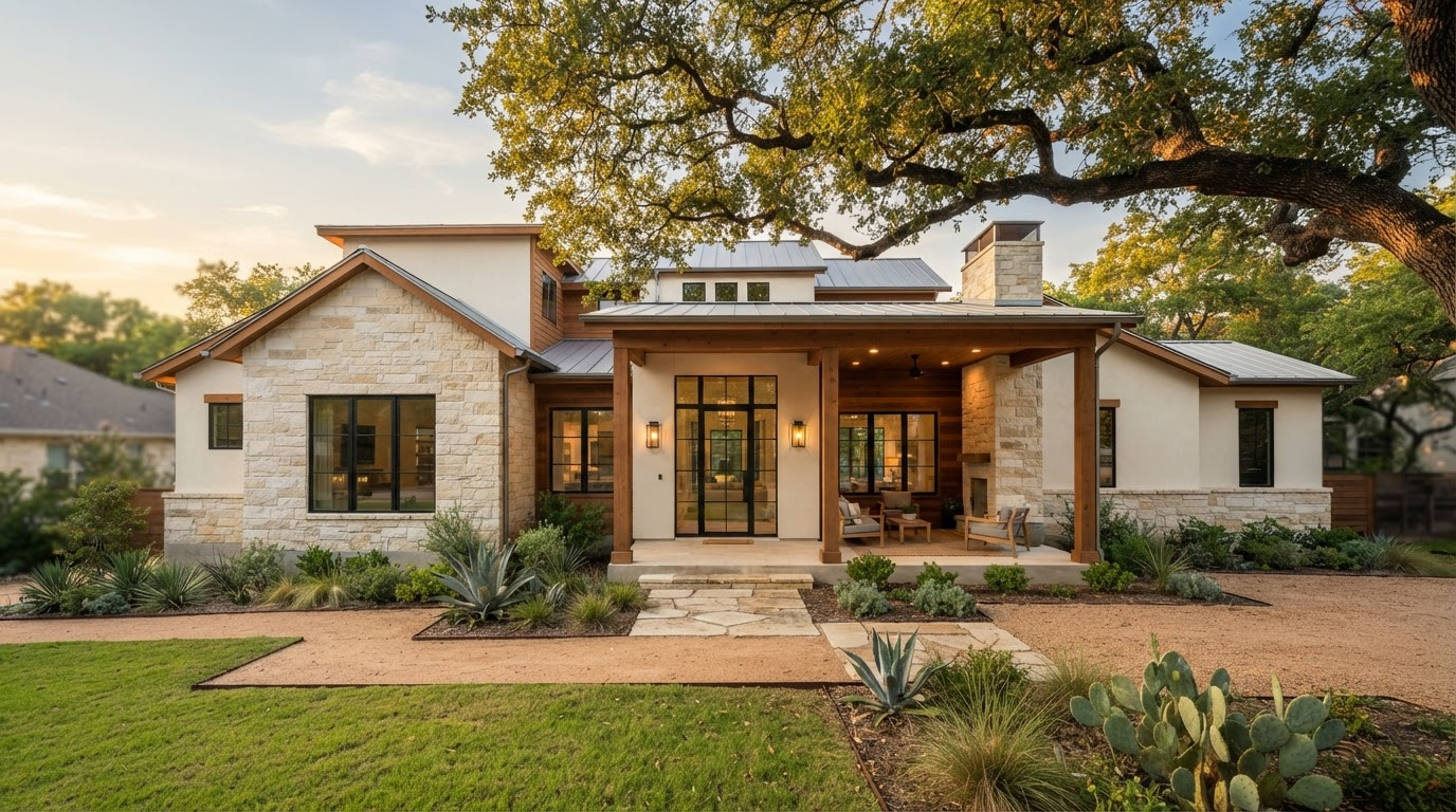 Renovated contemporary Texas home exterior at golden hour