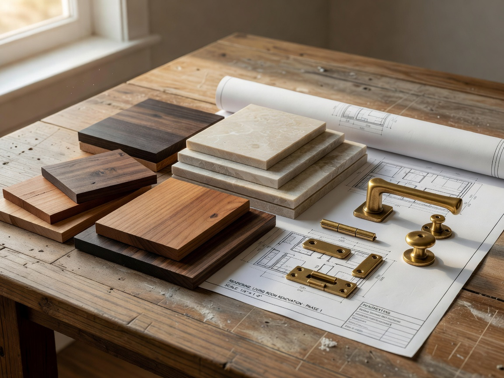 Material samples and finish selections on a design table