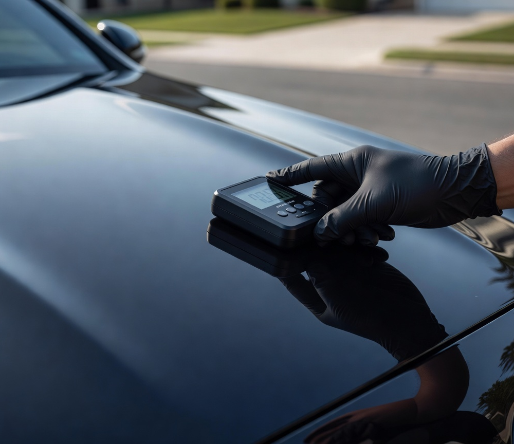 Paint thickness gauge inspection on luxury vehicle during mobile detailing service