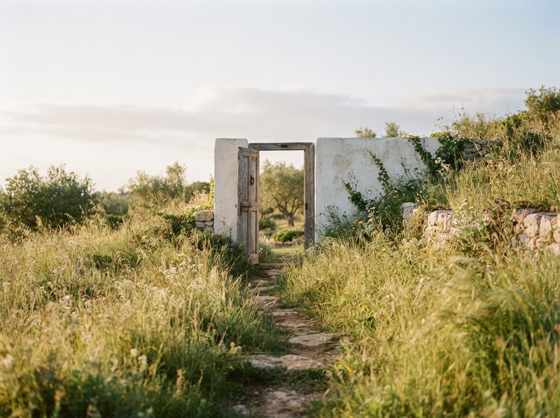 An open doorway at the end of a sunlit garden path, symbolizing hope, restoration, and a future beyond relational pain