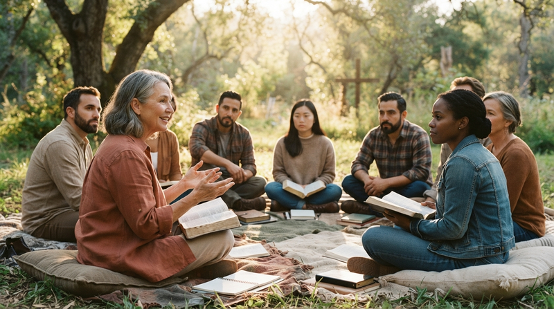 Diverse group of Christian men and women studying the Bible together outdoors at sunset