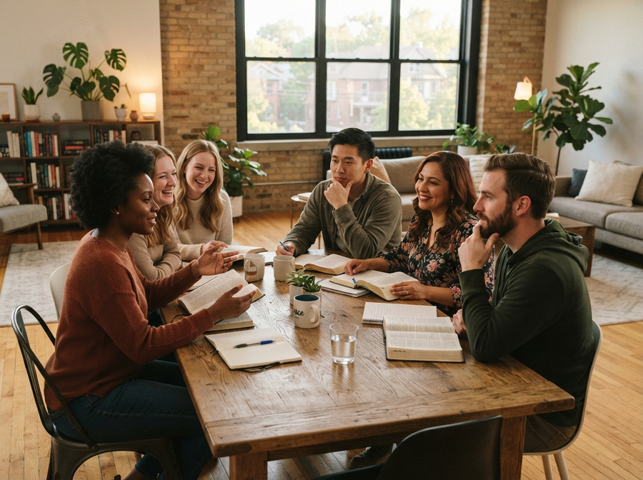 Single Christian men and women gathered for scripture study and fellowship