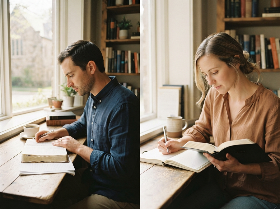 Single Christian man and woman studying scripture individually