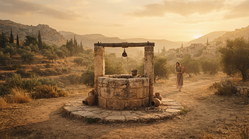 Ancient stone well at sunset in a golden desert landscape, a place of encounter and provision
