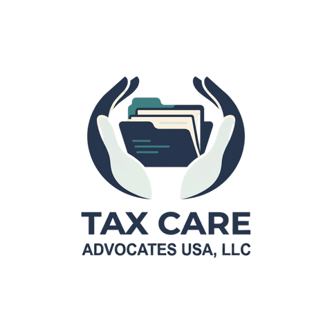 Tax Care Advocates USA, LLC logo, supportive hands protecting an open records folder