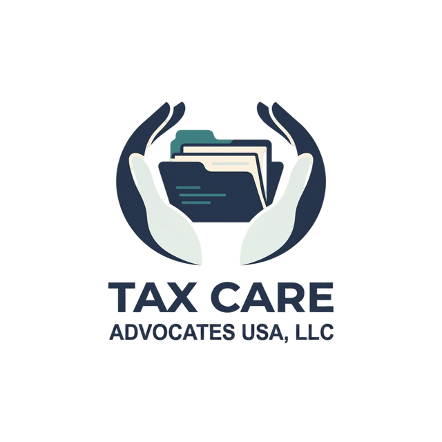 Tax Care Advocates USA, LLC logo, supportive hands protecting an open records folder