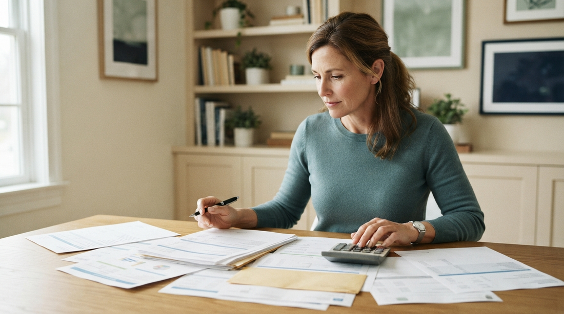 Homeowner reviewing property sale records at a desk, with a partially hidden envelope among the papers suggesting overlooked funds