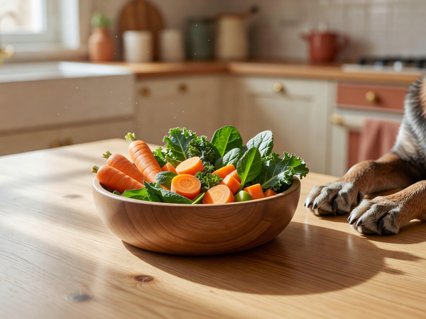 Warm kitchen table with wooden bowl and wholesome fresh ingredients for senior dog nutrition