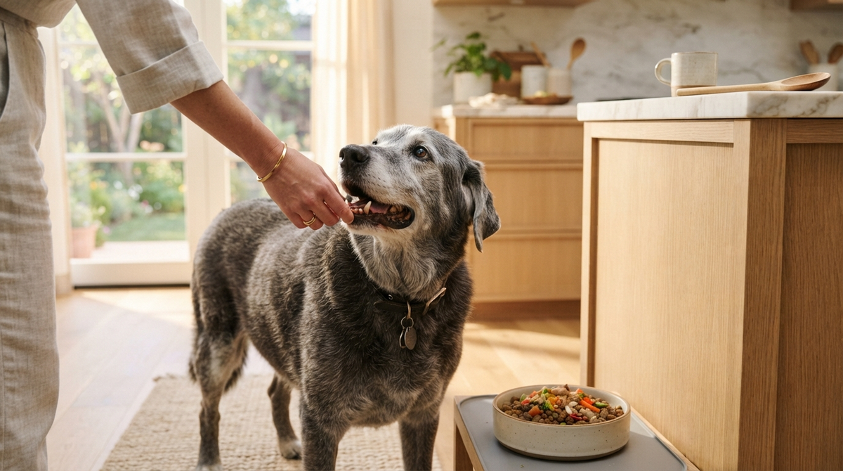 Senior dog enjoying a wholesome meal in a bright kitchen