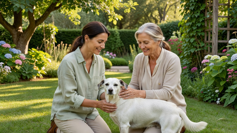 Veterinary professional speaking with older pet owner beside senior dog