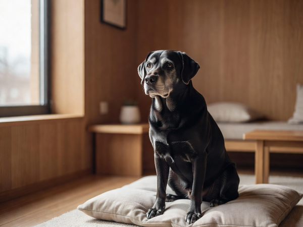 Senior dog sitting calmly by a bright window, thoughtful and serene, representing cognitive health