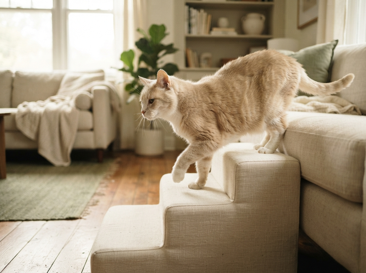 A relaxed senior cat with subtle age character comfortably stepping onto a low upholstered pet step in a warm softly lit home, showing confident gentle movement without jumping