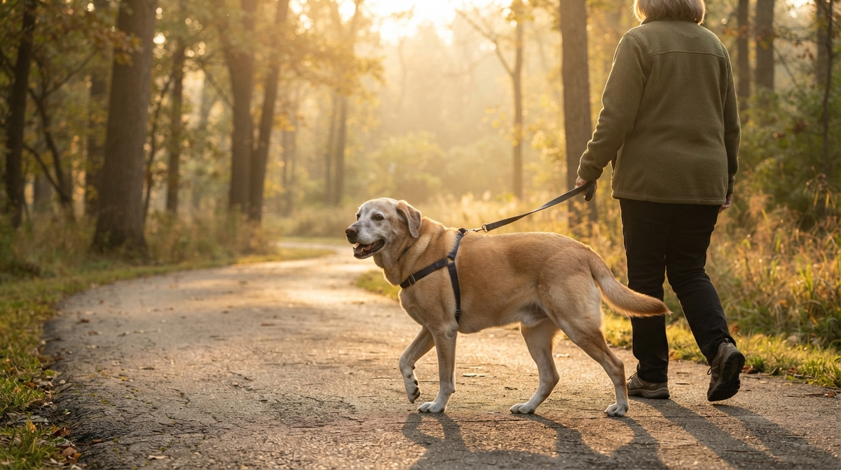 Senior dog walking on a trail with owner in golden light