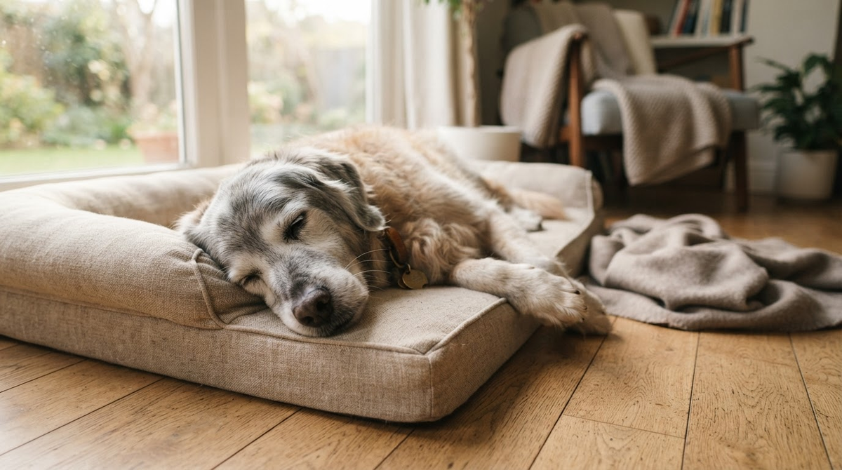 Senior golden retriever resting peacefully on a low supportive orthopedic dog bed in a warm sunlit home, with neutral linen textures and natural wood flooring