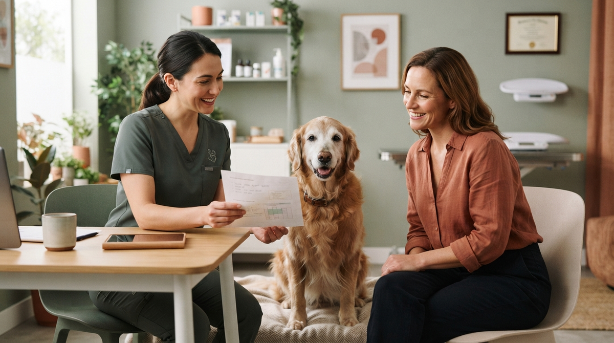 Veterinarian and owner reviewing a personalized nutrition plan with a healthy senior dog.