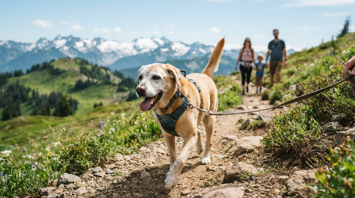 Happy senior Labrador hiking with its family in bright natural light