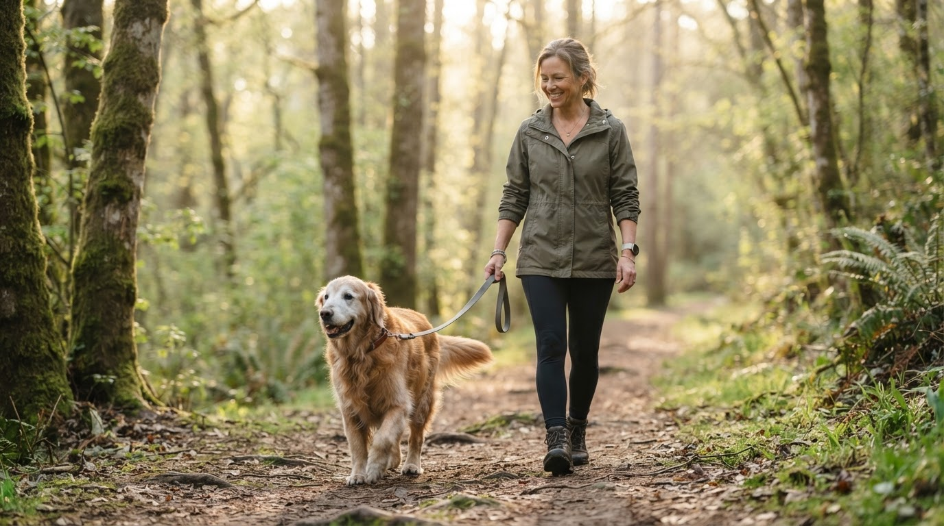 Happy senior Golden Retriever walking comfortably beside its owner outdoors on a forest trail - premium editorial lifestyle