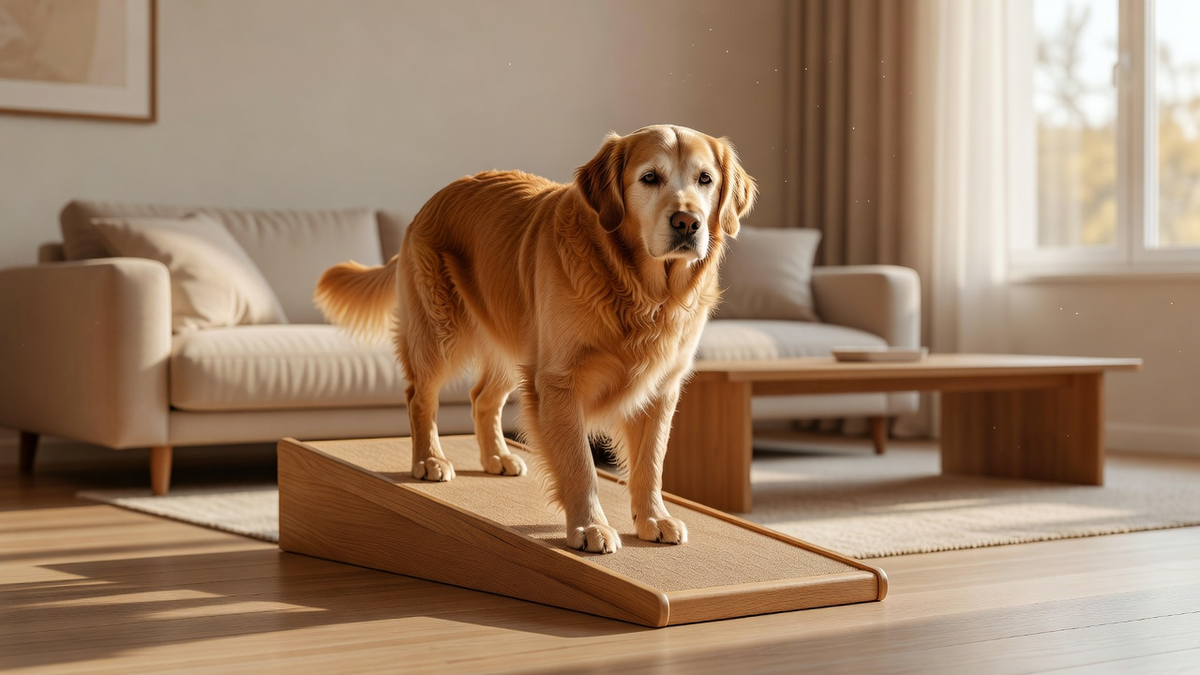 Senior dog confidently walking up a low wooden pet ramp in a bright sunlit home interior with natural wood flooring and soft warm light