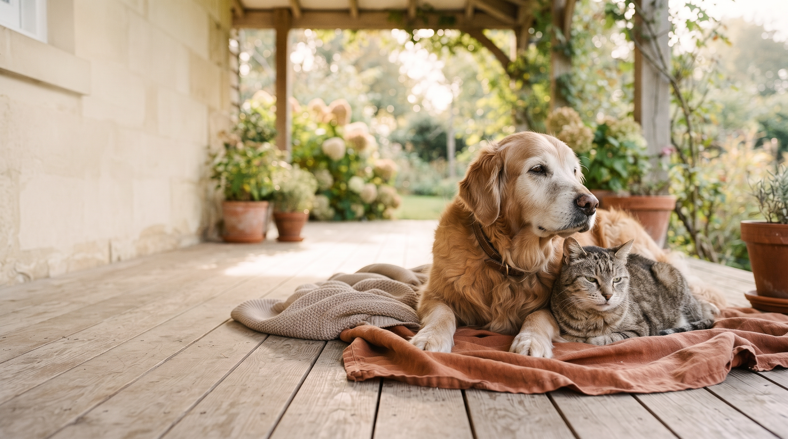 A senior golden retriever and a senior tabby cat resting together in warm natural light